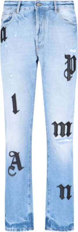 Palm Angels Blauwe Slim-Fit Jeans met Edgy Logo Patch Blauw Heren