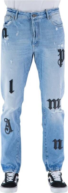 Palm Angels Blauwe Slim-Fit Jeans met Edgy Logo Patch Blauw Heren