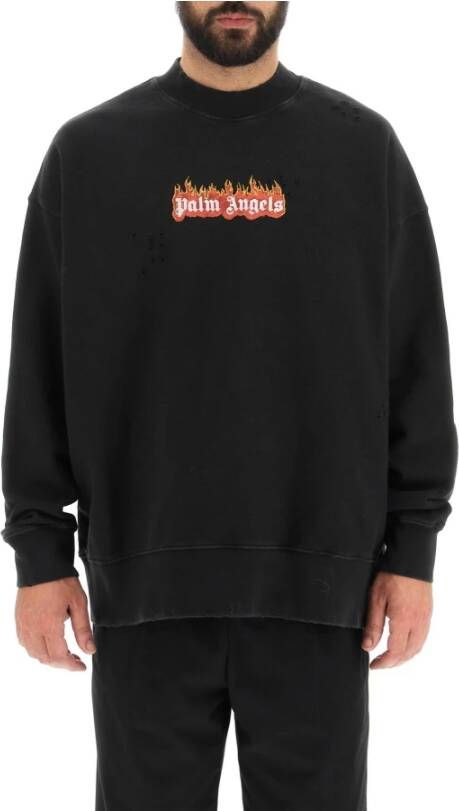 Palm Angels Verweerde Brandende Logo Katoenen Sweatshirt Black Heren