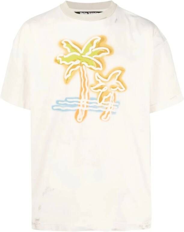 Palm Angels Beschadigd Wit Palm Print T-shirt White Heren