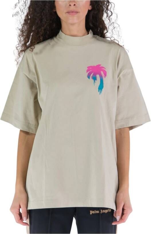 Palm Angels Beige Katoenen T-shirt met Logo Print Beige Dames