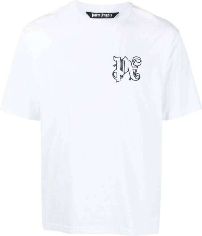 Palm Angels Monogram Katoenen T-shirt Wit Zwart White Heren