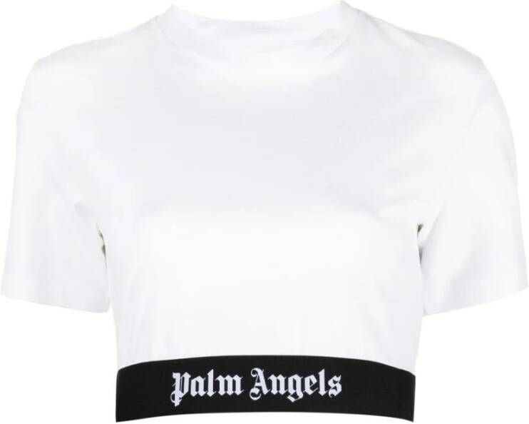 Palm Angels Witte Katoenen Crop T-shirt met Logo Elastische Band White Dames