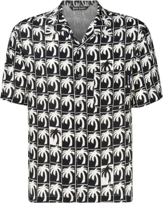Palm Angels Stijlvolle zwart-witte bowlingshirt met palmboomprint Black Heren