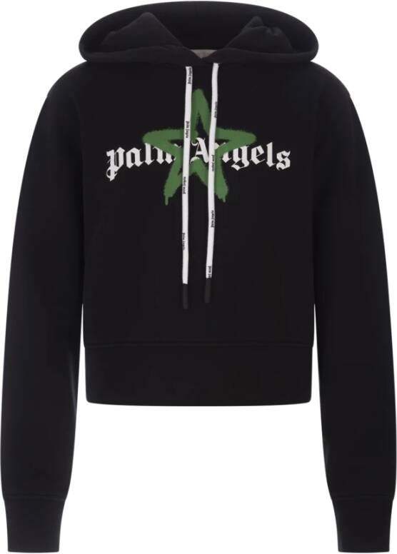 Palm Angels Zwarte biologisch katoenen hoodie met groene sterrenafbeelding Zwart Dames