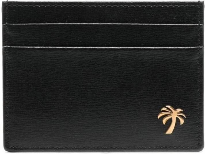 Palm Angels Zwarte leren kaarthouder met gouden logo Zwart Dames