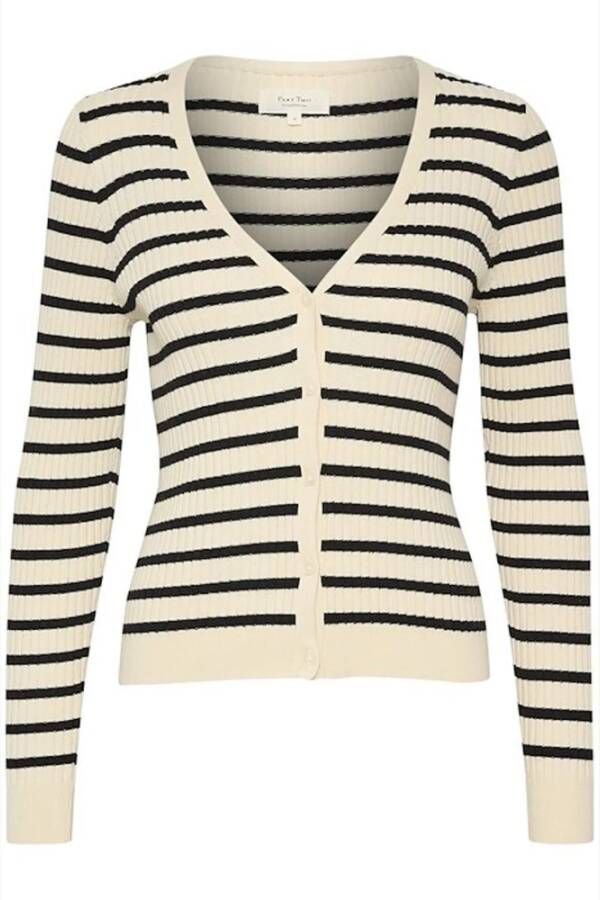 Part Two Zwart Gestreepte Trui met V-Hals en Knoopdetail Beige Dames