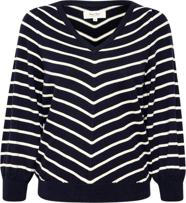 Part Two Donkerblauw Gestreepte Trui met ¾ Mouwen en V-Hals Black Dames
