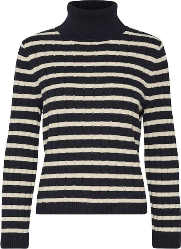 Part Two Donkerblauw Gestreepte Coltrui met Rolhals Black Dames