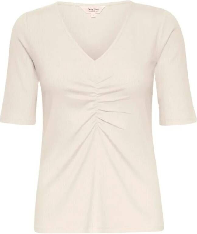 Part Two Geribbeld V-Hals T-Shirt in Whitecap Gray White Dames