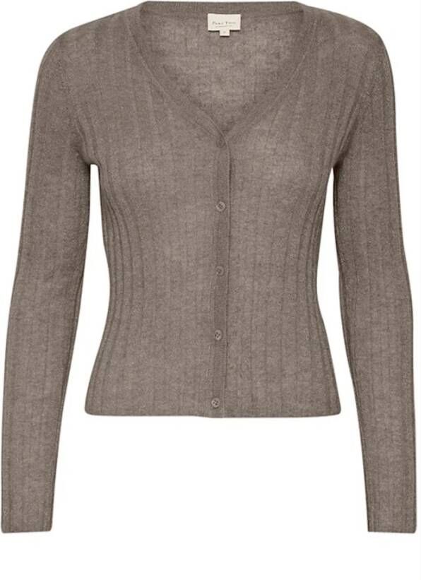 Part Two Grijze Flanel Lurex Cardigan met V-Hals en Geribbelde Kwaliteit Bruin Dames