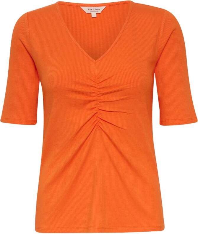 Part Two Mandarin Orange Gerimpeld V-Hals T-Shirt Oranje Dames