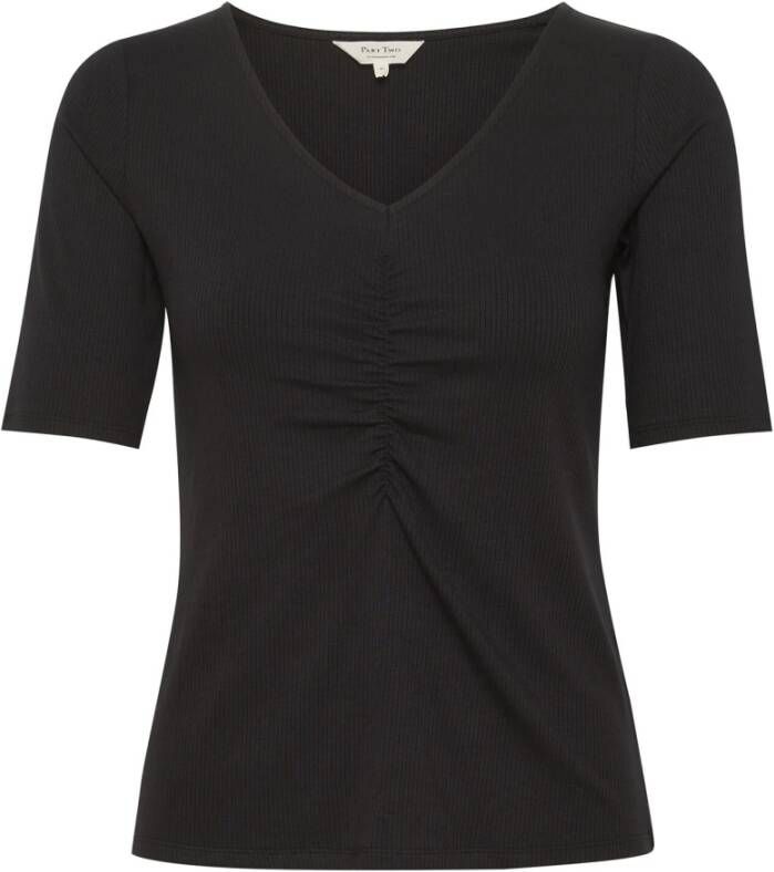 Part Two Zwart Gerimpeld V-Hals T-Shirt Zwart Dames