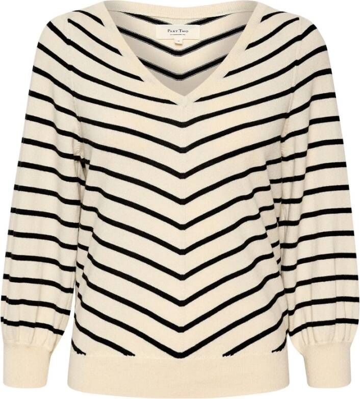Part Two Zwart Gestreepte V-Hals Trui met ¾ Mouwen Beige Dames