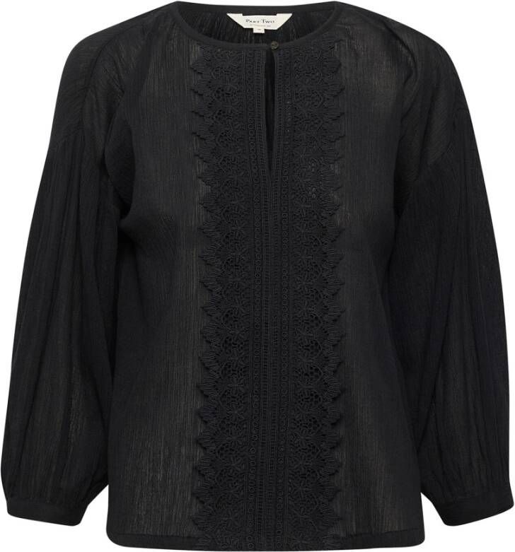 Part Two Zwarte Geborduurde Blouse met 3 4 Mouwen Zwart Dames