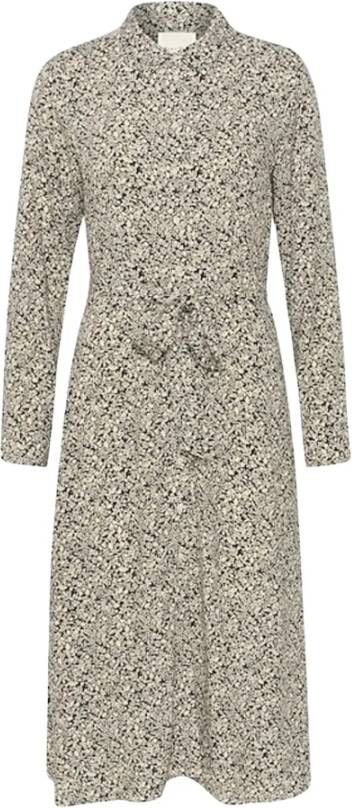 Part Two Zwarte Mini Print Jurk met Lange Mouwen en Overhemdkraag Beige Dames