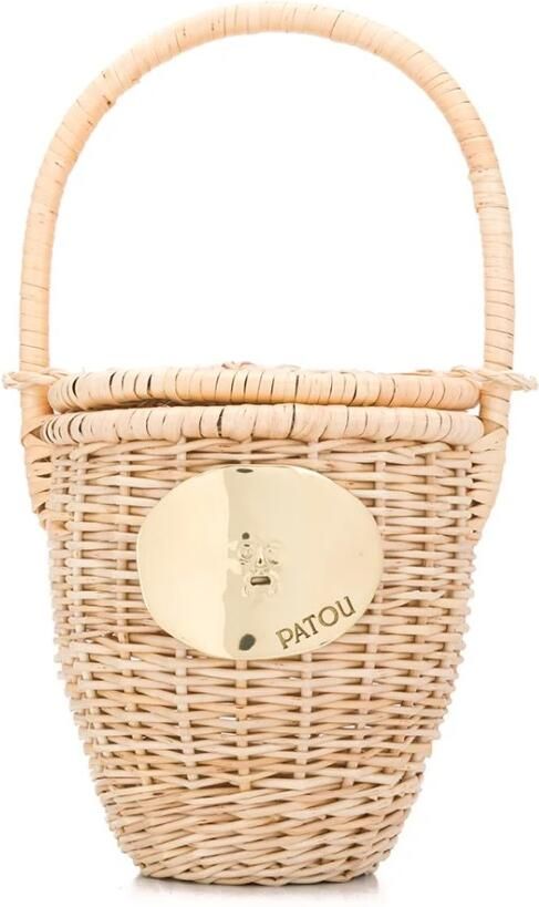Patou Handgemaakte Rieten Stro Tas met Goudkleurig Logo Beige Dames - Foto 3