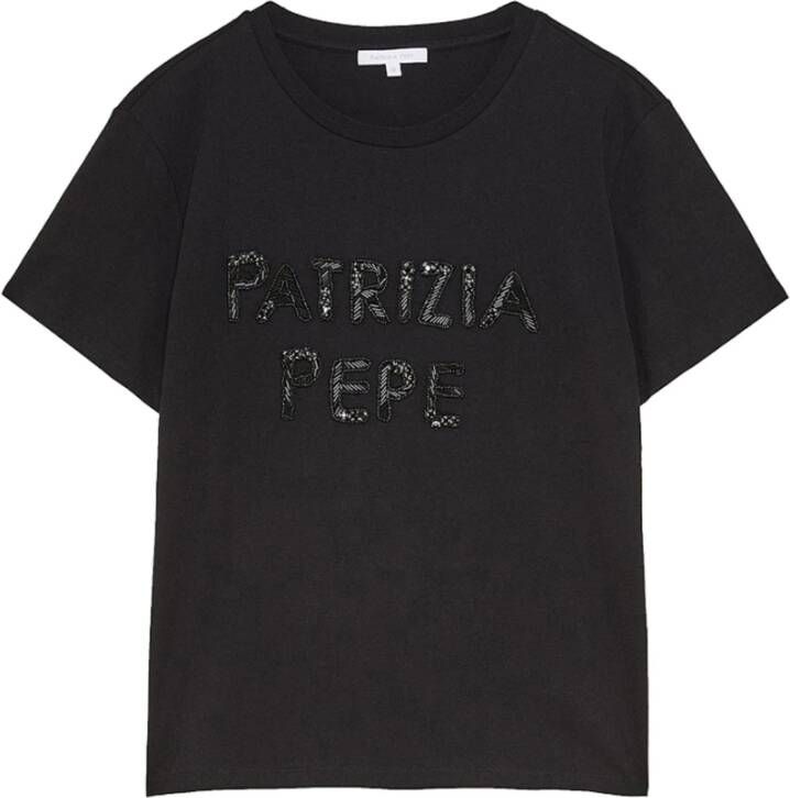 PATRIZIA PEPE Elegante Biologisch Katoenen T-shirt met Kralenborduursel en Fly Print Zwart Dames