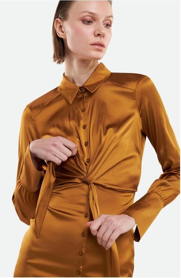 PATRIZIA PEPE Bronzen Overhemdjurk met Strikdetail Orange Dames