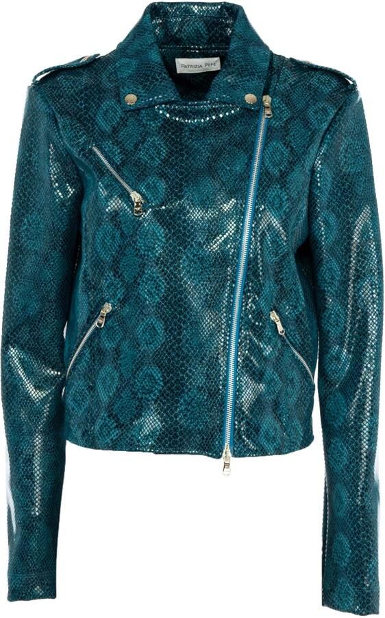 PATRIZIA PEPE Leren Jack met Dierenprint Blauw Dames