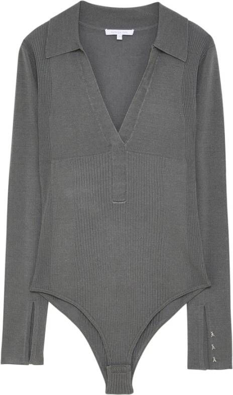 PATRIZIA PEPE Ribgebreide Bodysuit met Fly Rivet Manchetten Grijs Dames