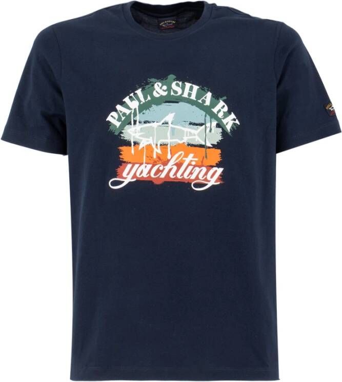 PAUL & SHARK Blauwe Spray Effect T-Shirt met Logo Patch Blue Heren