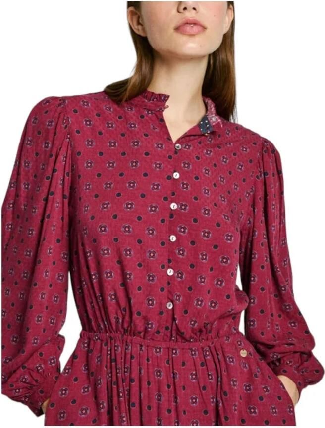 Pepe Jeans Elegante Bloemenjurk met Ruches Red Dames