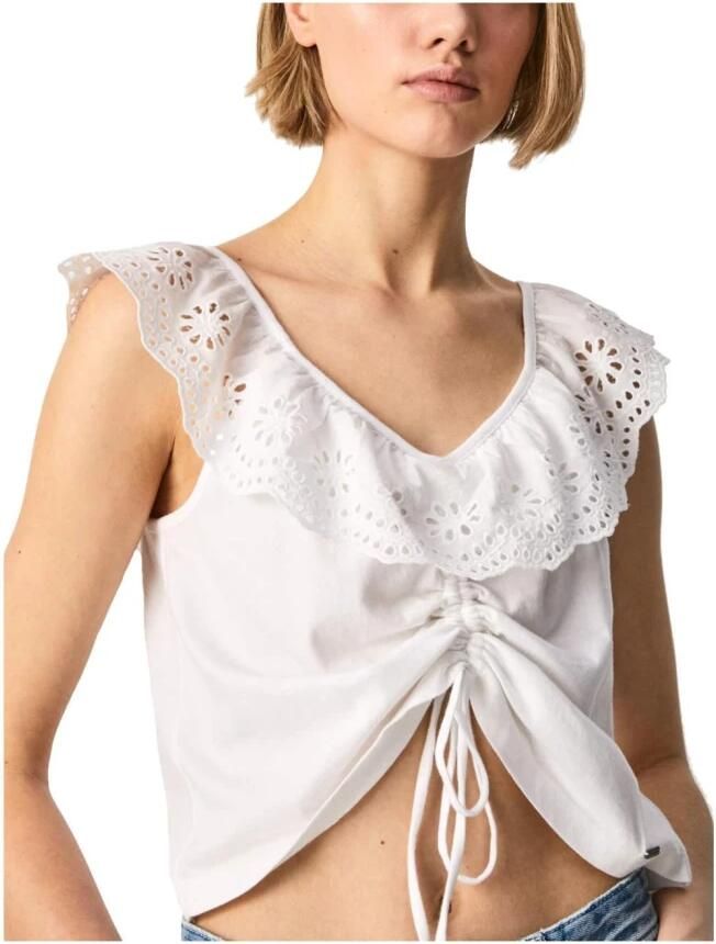 Pepe Jeans Gerimpelde top met Engels borduurwerk White Dames