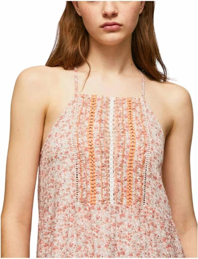 Pepe Jeans Bloemen Jurk met Vierkante Halslijn Pink Dames