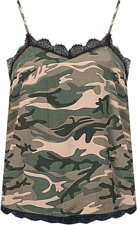 Pepe Jeans Cami Top met V-hals camouflageprint en kanten detail Groen Dames