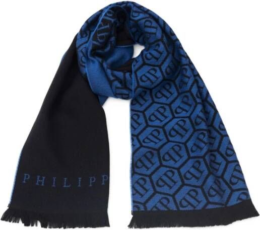 Philipp Plein Blauwe Wollen Sjaal met Scarf Monogram Patroon Blue
