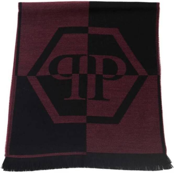 Philipp Plein Burgundy Fringed Wool-Blend Scarf Multicolor Heren
