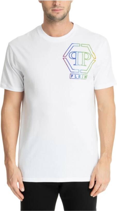 Philipp Plein Gestreept T-shirt met Logo en Strass Details White Heren