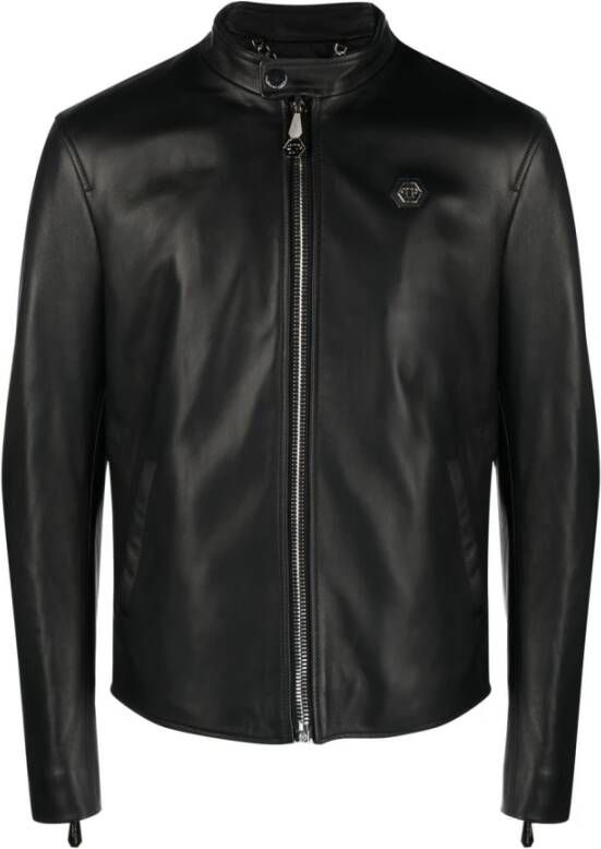 Philipp Plein Leather Moto Jacket Zwart Heren