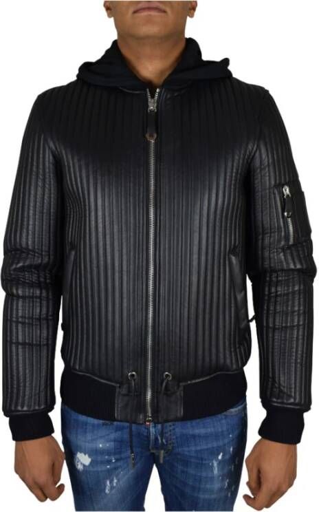 Philipp Plein Luxe Zwarte Leren Hooded Bomberjack Zwart Heren