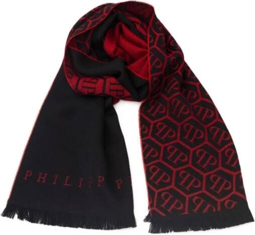 Philipp Plein Rode Wollen Sjaal met Monogram en Franjes Red Unisex