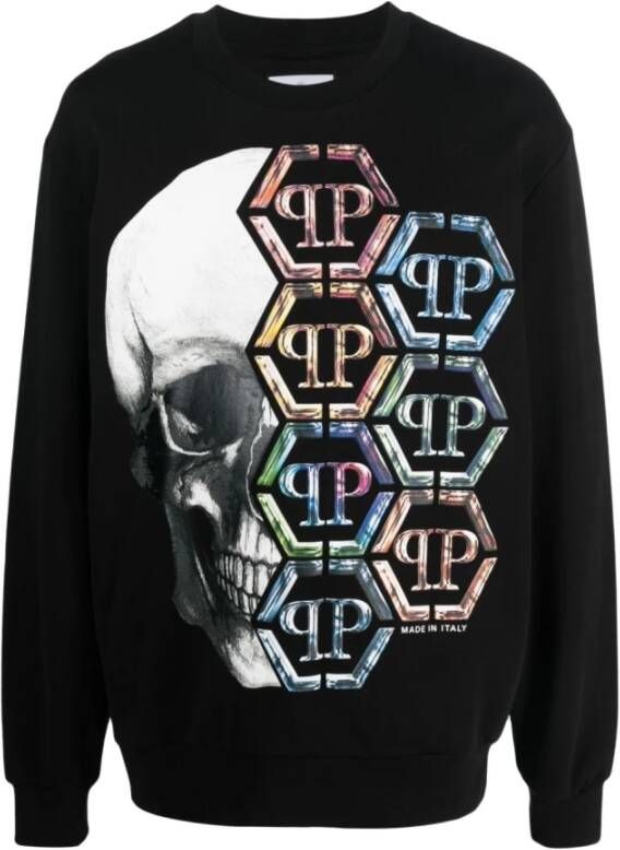 Philipp Plein Gestreept Skull Sweatshirt met Logo Black Heren