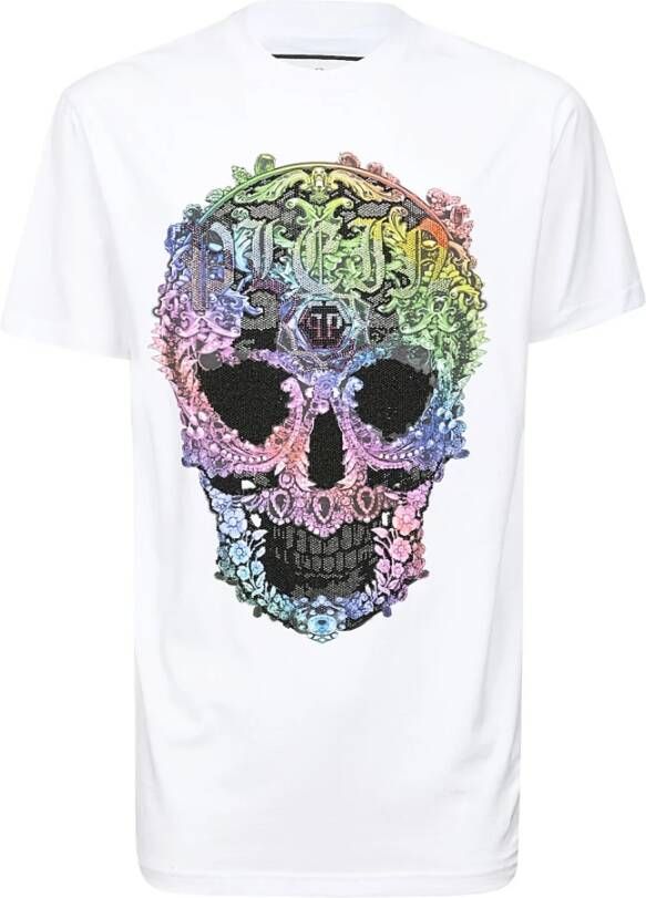 Philipp Plein T-shirt met Multikleurig Kristallen Schedel Wit Heren
