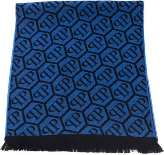 Philipp Plein Blauwe Wollen Sjaal met Scarf Monogram Patroon Blue