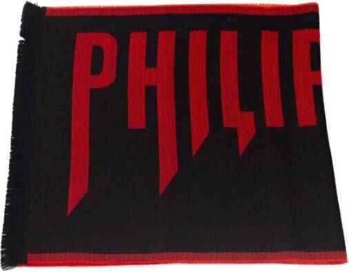 Philipp Plein Rode Wollen Sjaal met Logo en Franjes Red