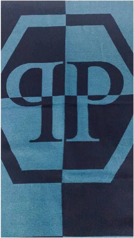 Philipp Plein Zwarte Wollen Sjaal met Maxi Logo Blauw Heren