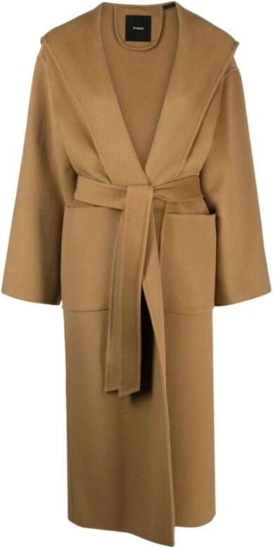 Pinko Kameelkleurige Wollen Jas met Shawl Revers Capuchon Brown Dames
