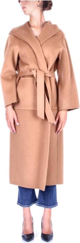 Pinko Kameelkleurige Wollen Jas met Shawl Revers Capuchon Brown Dames