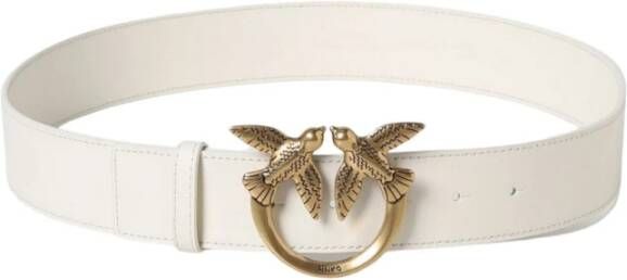 Pinko Hoog Taille Zacht Leren Riem met Love Birds Diamond Cut Gesp Wit Dames