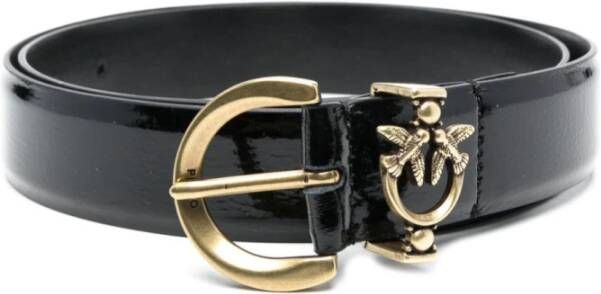 Pinko Tumbled leren Riem met Love Birds detail Black Dames