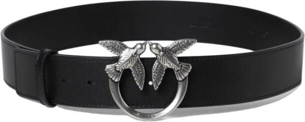 Pinko Hoge taille leren riem met Love Birds Diamond Cut gesp Zwart Dames