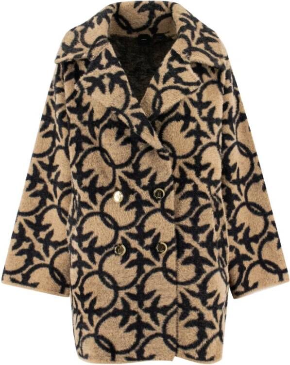 Pinko Bont Effect Cocoon Jas met Love Birds Monogram Bruin Dames
