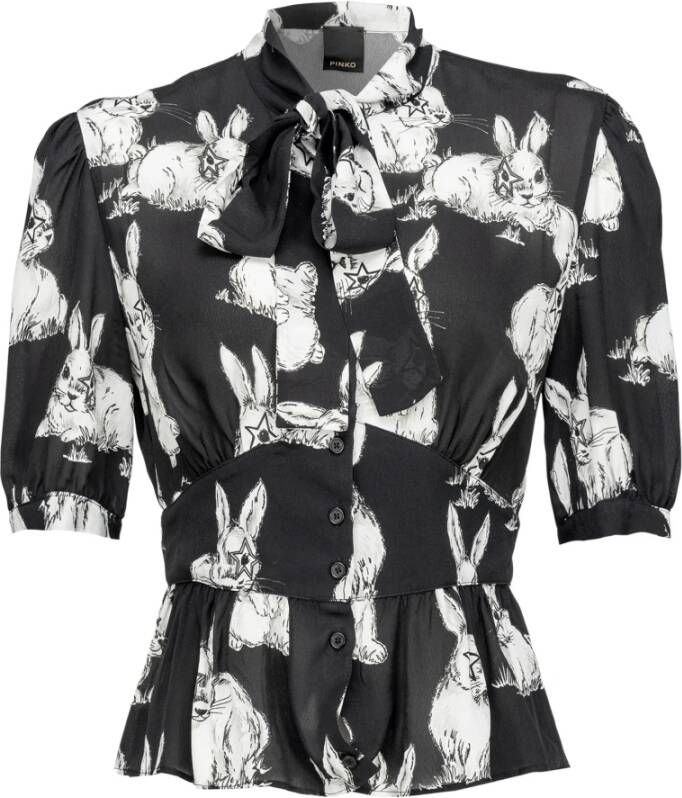 Pinko Coprte Camicia Crepe DE Chine Stampa Rabbit Zwart Dames