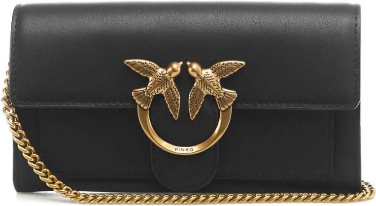 Pinko Zwarte Leren Portemonnee Liefdesvogels Detail Black Dames