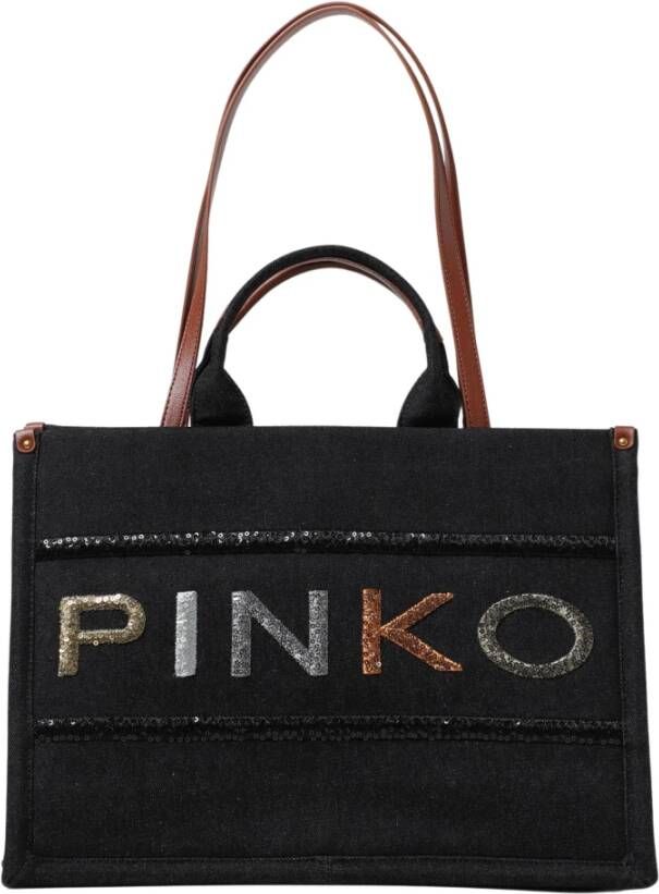 Pinko Denim Logo Geborduurde Shopper Schoudertas Zwart Dames